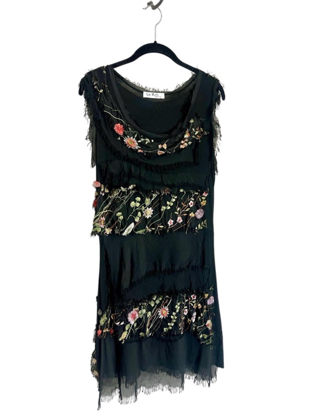 Gigi Moda Italy Siena silk ruffle fringe embroidered dress fairy boho black OS